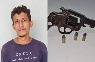 Bruno e arma de fogo apreendida (Foto: Reprodução) Bruno e arma de fogo apreendida (Foto: Reprodução)