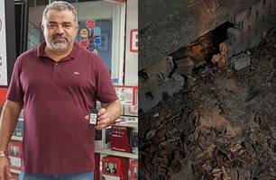 Marlo e o buraco que os criminosos fizeram para entrar no condomínio (Foto: Reprodução) Marlo e o buraco que os criminosos fizeram para entrar no condomínio (Foto: Reprodução)