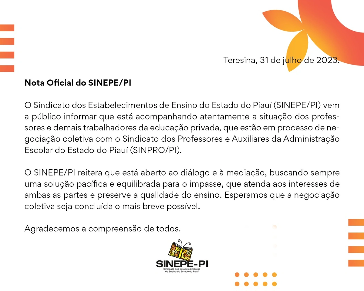 Nota sobre a paralisação dos professores de escolas particulares e faculdades de Teresina