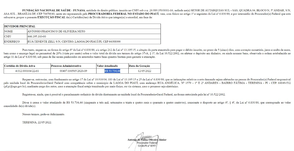 Ação foi proposta pela Procuradoria Federal no Estado do Piauí