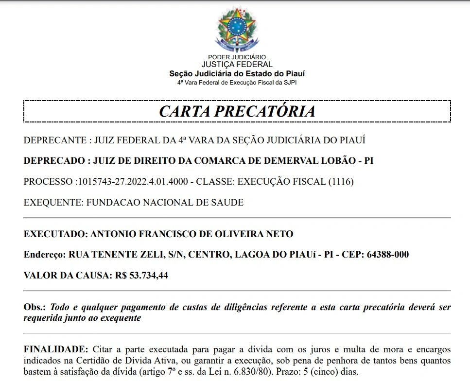 Carta precatória foi expedida no último dia 22 de agosto