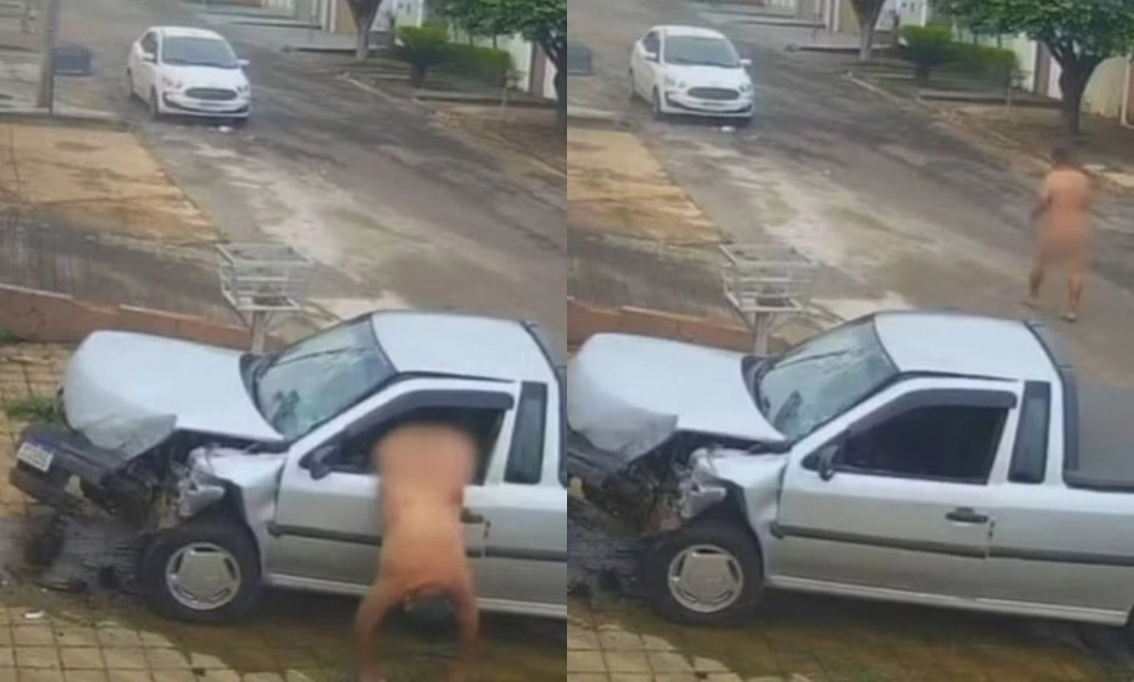 Pelado, homem entra em luta, rouba carro e foge após colidir contra muro em Goiás