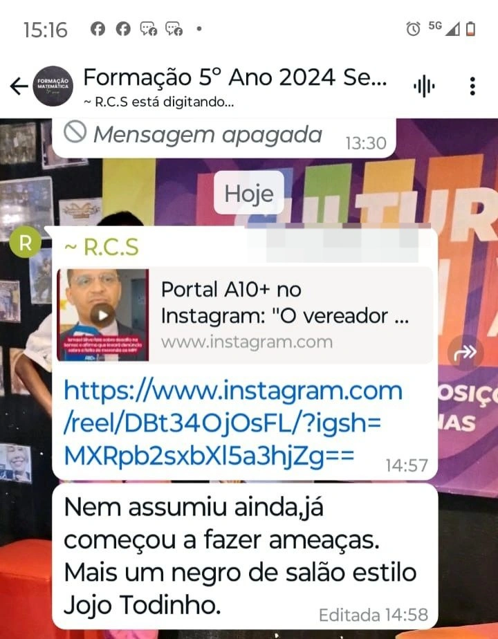 Print da conversa onde Ismael Silva foi alvo de comentários racistas