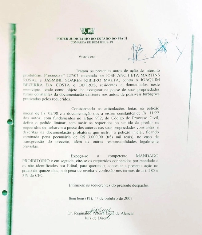 Decisão judicial que assegura direito ao senhor Anchieta Rosal ainda no ano de 2007
