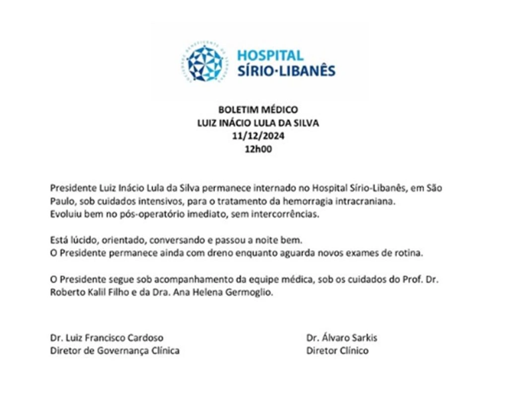 Presidente Lula evolui bem no pós-operatório