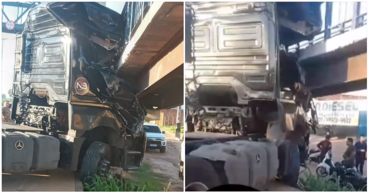Carreta colide e fica presa em passarela na BR-316, zona Sul de Teresina