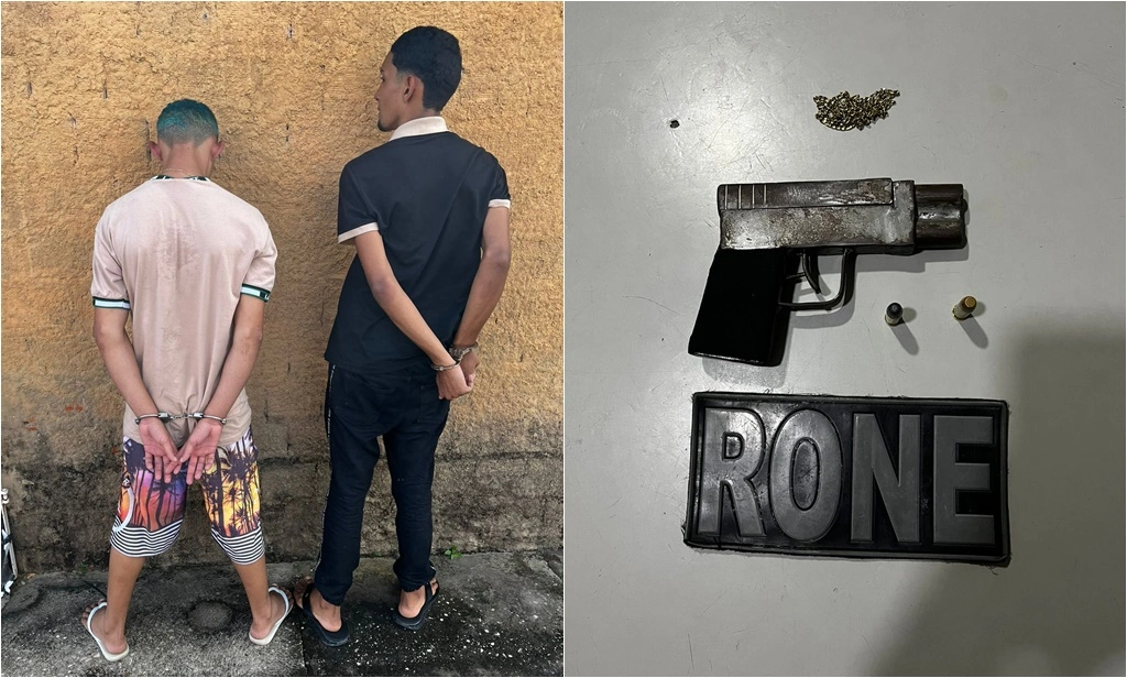 Dupla e arma apreendida pela polícia