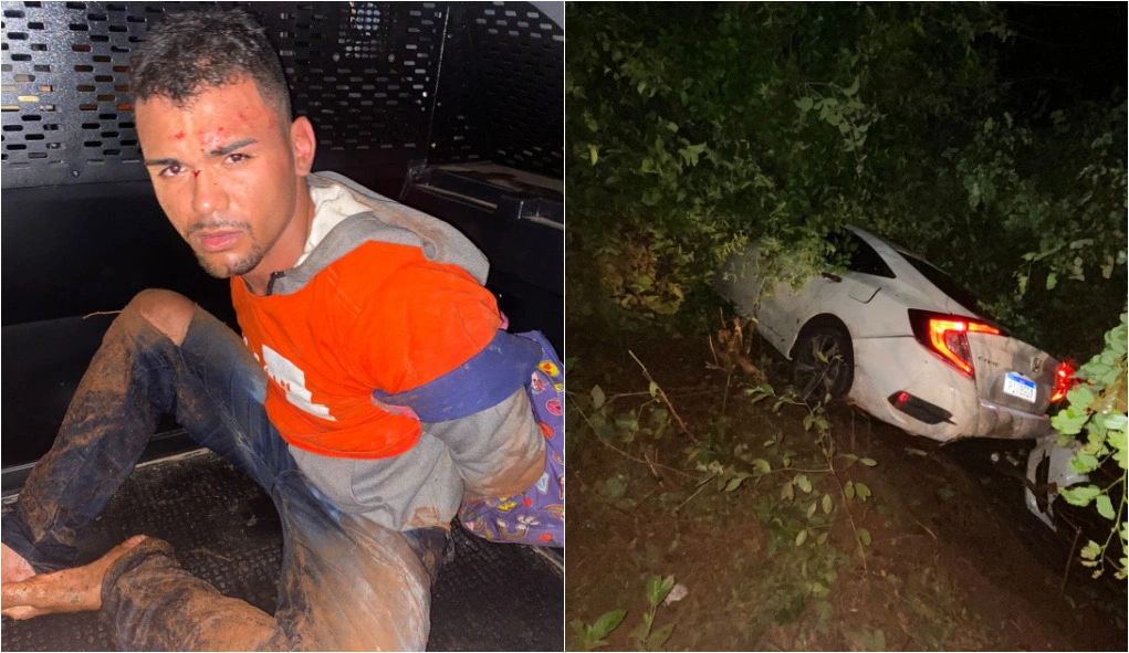Suspeito foi preso após perder controle de carro roubado