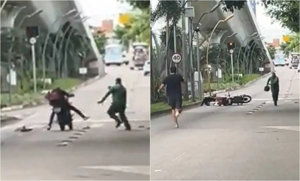 Assaltante atrapalhado é empurrado por vítima