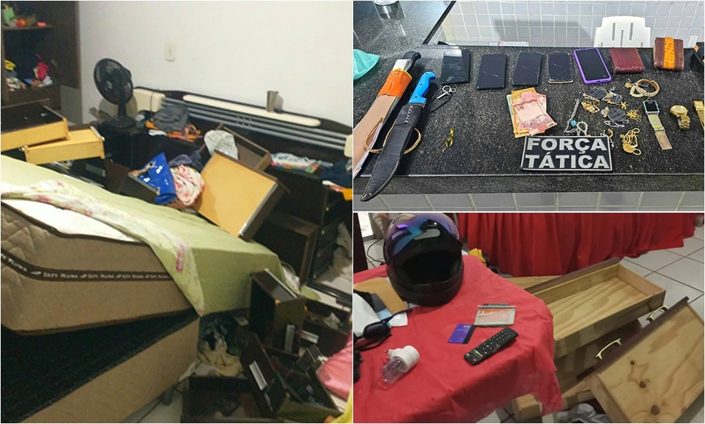 Casa revirada pelos criminosos e objetos apreendidos pela polícia
