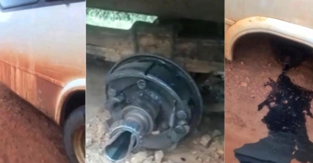 Roda de ônibus escolar sacou próximo a um riacho e por pouco não causou uma tragédia