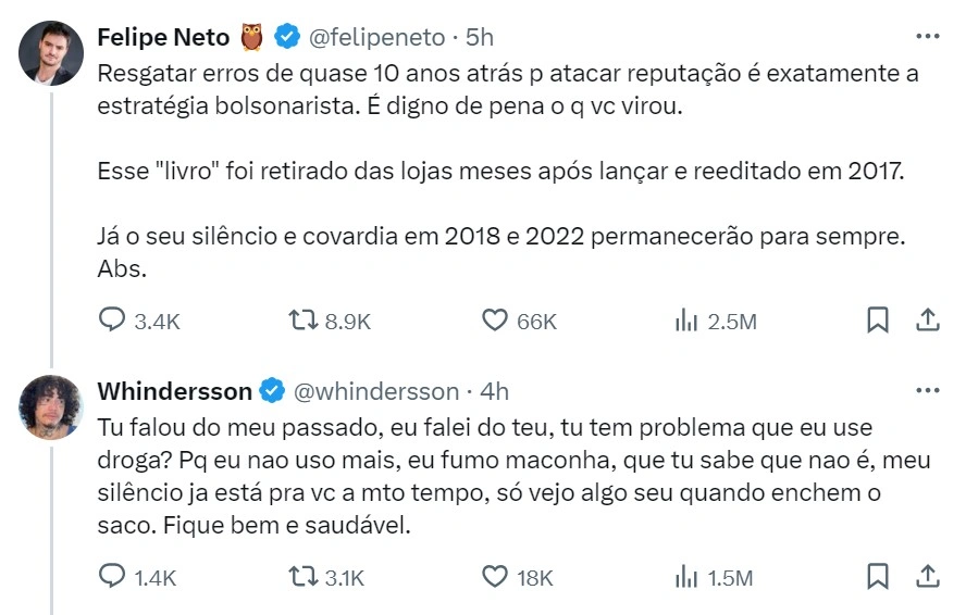 Felipe Neto troca farpas com Whindersson Nunes: ‘É digno de pena o que você virou’