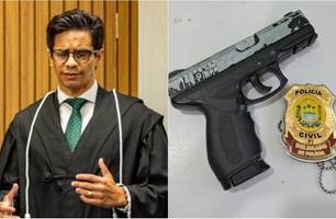 Juiz Caio Emanuel e simulacro de arma de fogo capturado pela polícia (Foto: Reprodução) Juiz Caio Emanuel e simulacro de arma de fogo capturado pela polícia (Foto: Reprodução)