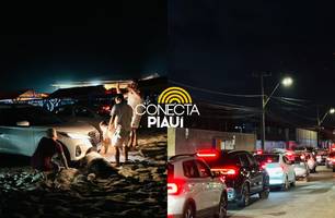 Carros são inundados pela maré durante espera em engarrafamento no Maranhão (Foto: Reprodução)