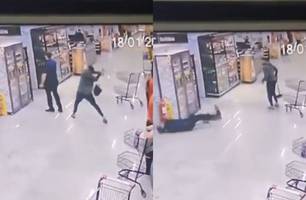 Gerente de supermercado é agredido com pá enquanto falava no telefone no MT (Foto: Reprodução)