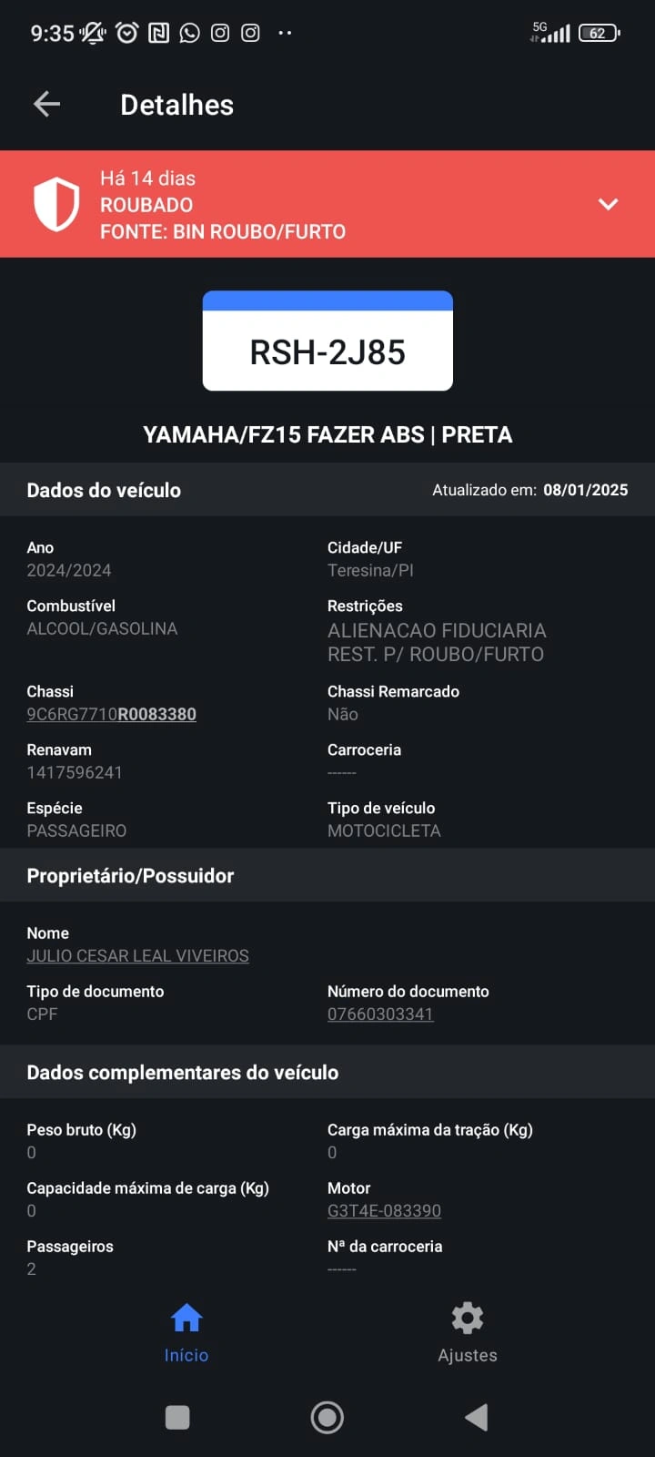 Informações sobre motocicleta roubada