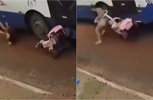 Motorista de ônibus desvia de buraco e quase atropela mãe e bebê no Mato Grosso (Foto: Reprodução)