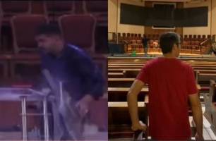 Pastor escapa por pouco da queda de teto de igreja durante tempestade em São Paulo (Foto: Reprodução)