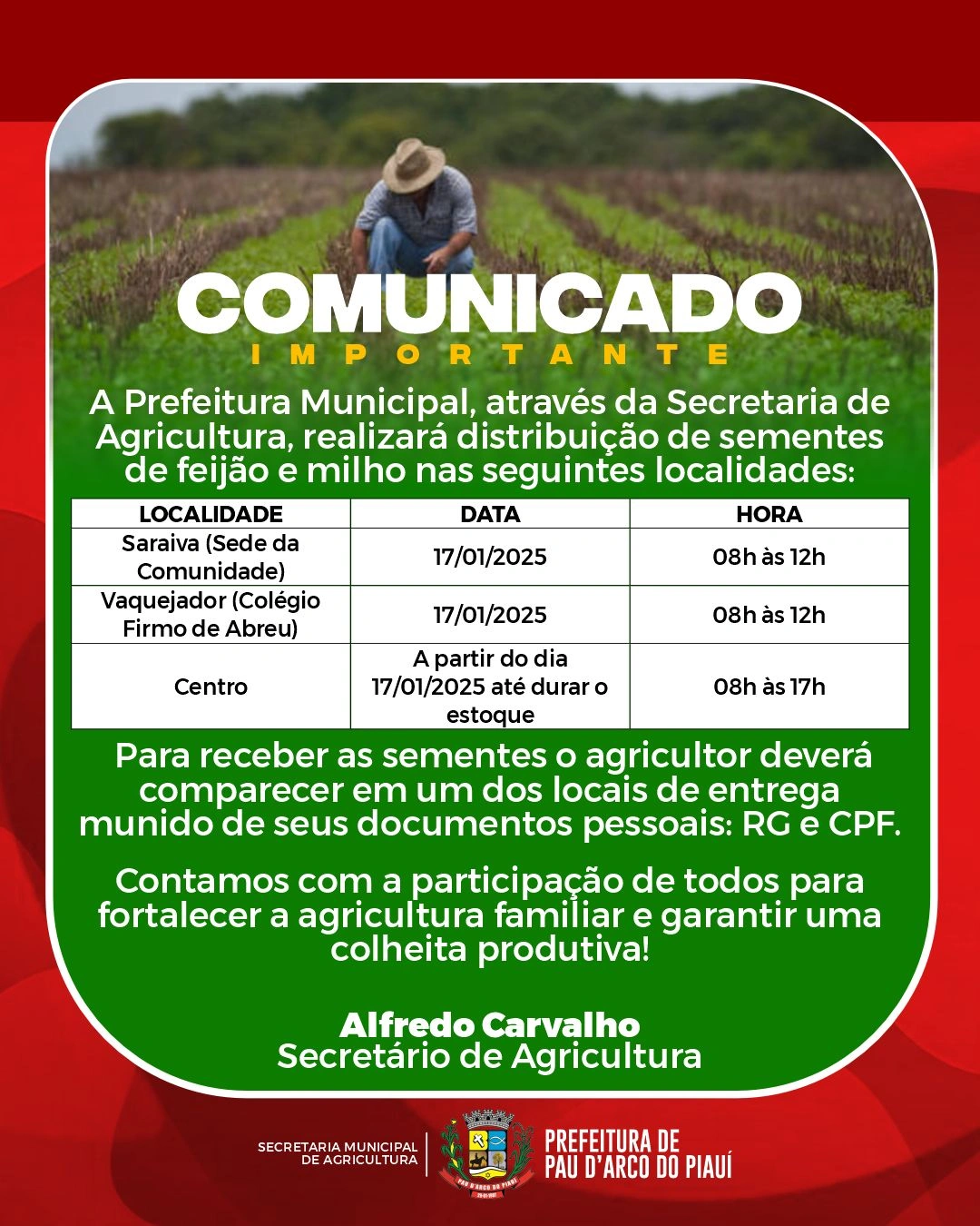 Prefeitura de Pau D'Arco anuncia distribuição de sementes de feijão e milho