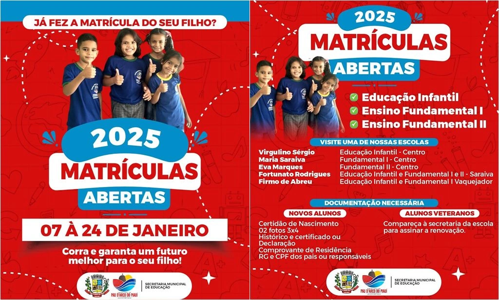 Prefeitura de Pau D’Arco do Piauí anuncia período de matrículas para 2025