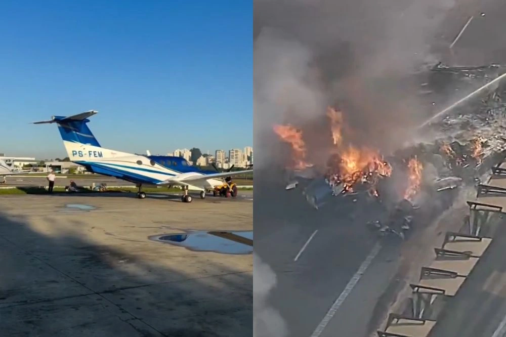 Avião de pequeno porte cai sobre ponto de ônibus em avenida de São Paulo