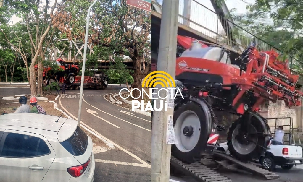 Carreta com trator bate ao tentar passar debaixo da Ponte Metálica, em Teresina