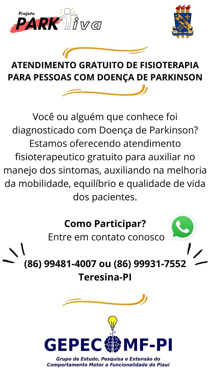 Projeto na UESPI oferta fisioterapia gratuita para portadores da Doença de Parkison