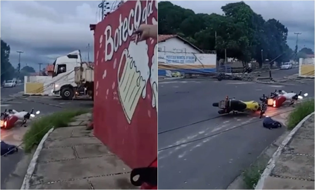 Caminhão colide contra postes e derruba energia e atinge motociclistas em Teresina