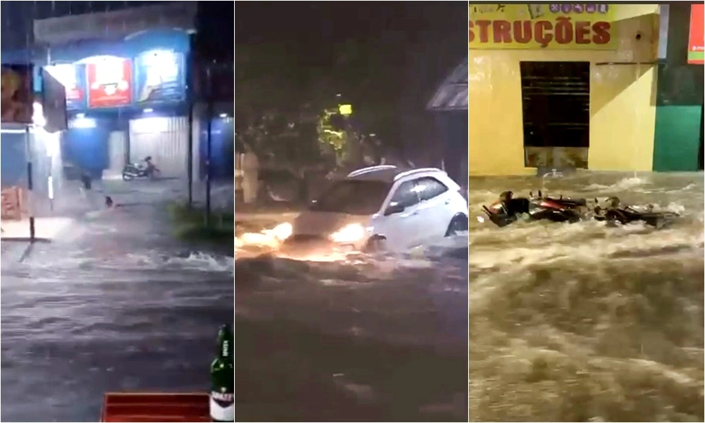 Chuva forte arrasta carros, motos e quase leva criança em Teresina