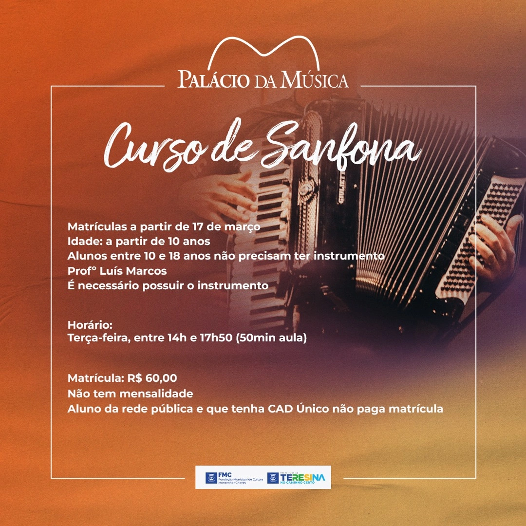 Palácio da Música abre vagas para aulas de violão, violino e Sanfona em Teresina
