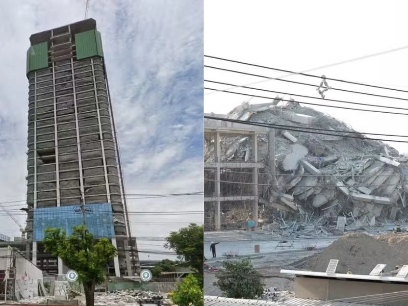 Prédio antes e depois de terremoto em Mianmar