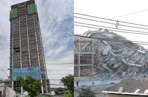 Prédio antes e depois de terremoto em Mianmar (Foto: — Foto 1: Reprodução/Google Street View — Foto 2: Teera Noisakran/Sipa USA/Reuters)