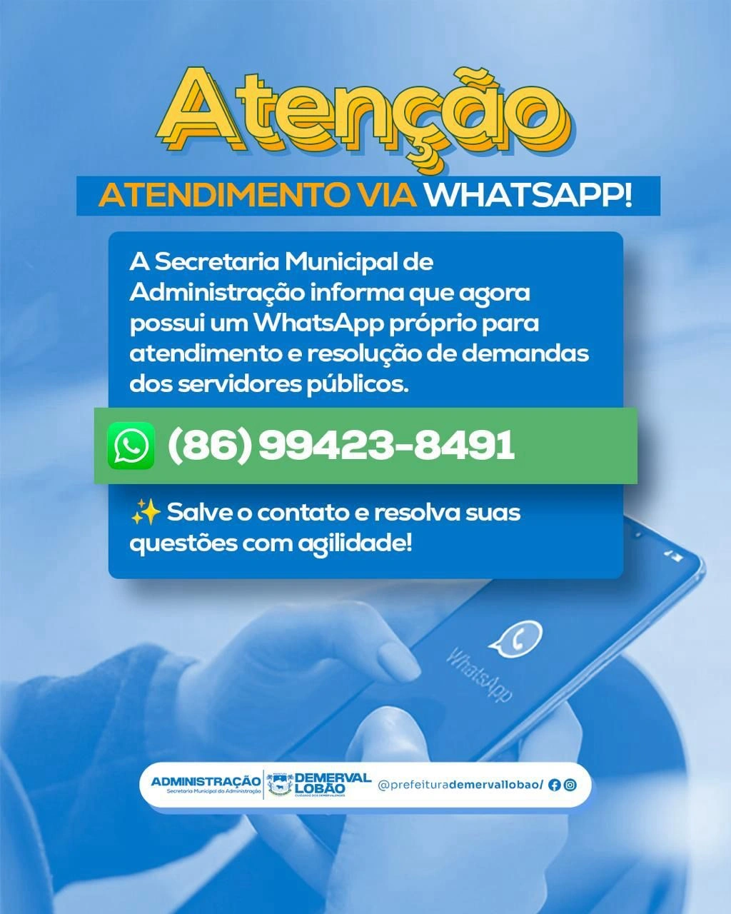 Prefeitura de Demerval Lobão disponibiliza atendimento via WhatsApp