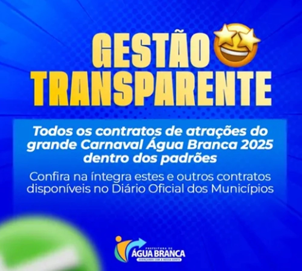 Transparência:  Prefeitura de Água Branca divulga contratos das atrações do Carnaval