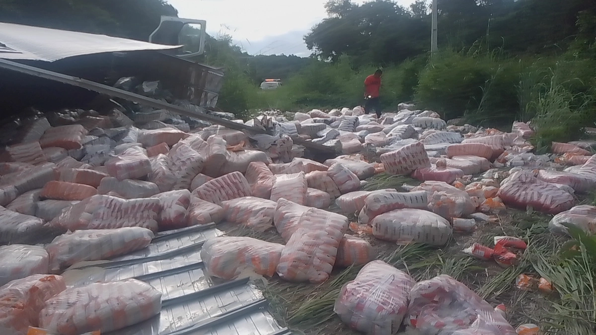 Caminhão carregado de arroz e flocos de milho tomba na PI-112, em direção à União