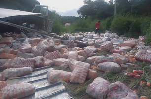 Caminhão carregado de arroz e flocos de milho tomba na PI-112, em direção à União (Foto: Reprodução/BPRE)