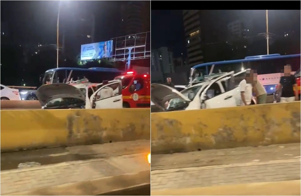 Carro fica destruído ao bater em mureta da ponte Juscelino Kubitschek, em Teresina