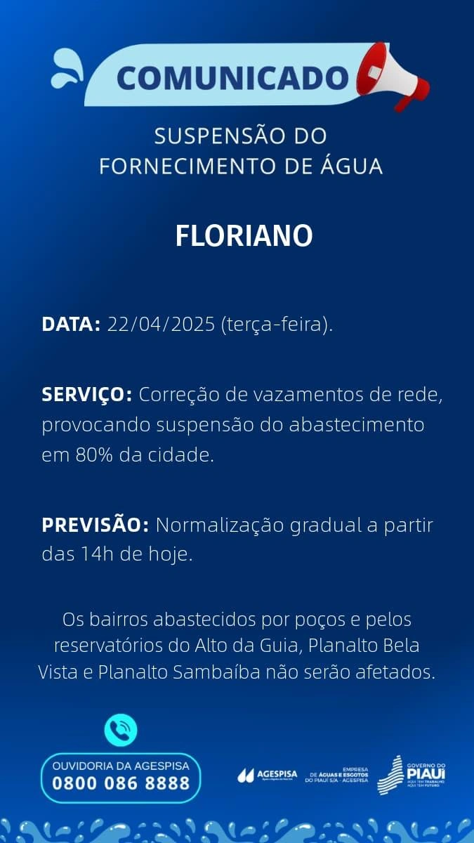 Correção de vazamento leva a suspensão do abastecimento de água em 80% de Floriano