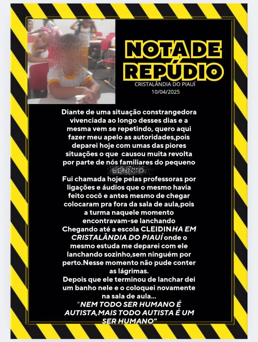 Criança autista é colocada para fora de sala após incidente em escola no Piauí