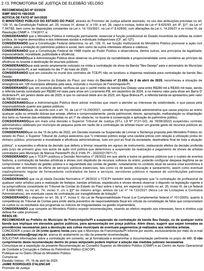 Ministério Público quer cancelamento de show da banda Seu Desejo em Francinópolis