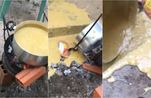 Panela cai e mulher perde tudo ao tentar vender creme de galinha em Demerval Lobão (Foto: Reprodução)