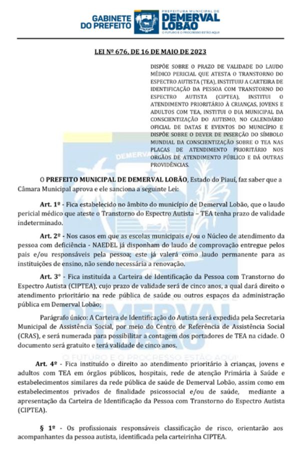 Prefeitura de Demerval Lobão torna pública a Lei que beneficia pessoas com TEA