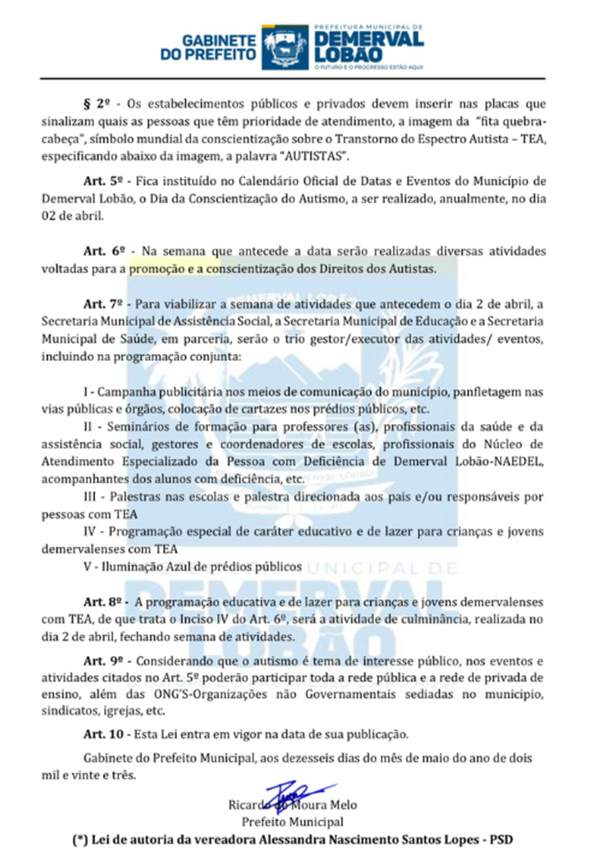 Prefeitura de Demerval Lobão torna pública a Lei que beneficia pessoas com TEA