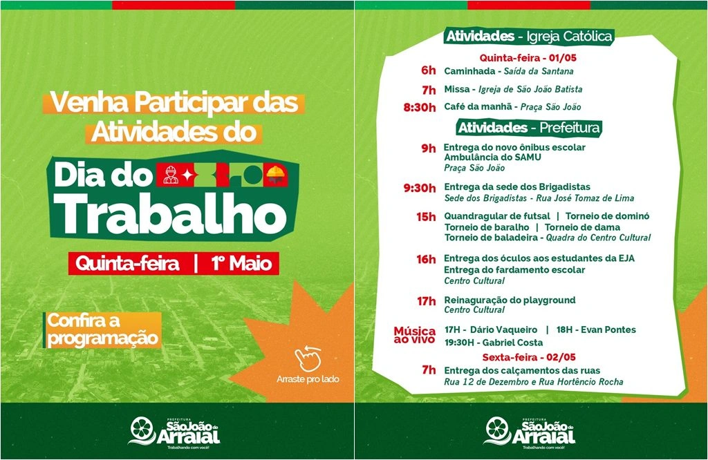 São João do Arraial anuncia programação especial do Dia do Trabalho