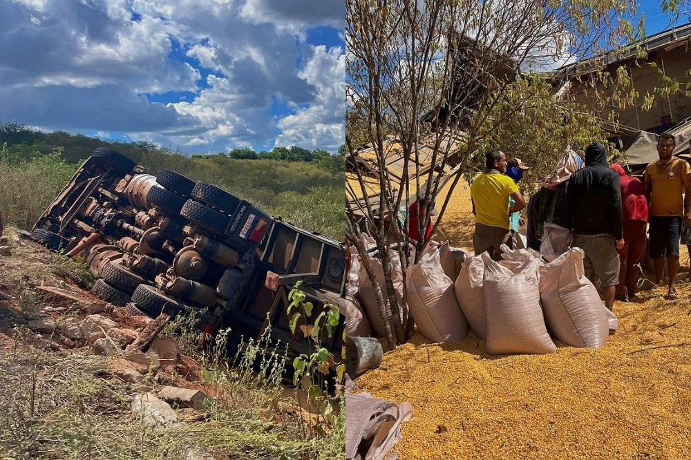 Carreta carregada de milho tomba para evitar colisão na PI-245 no Piauí