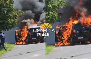 Carro pega fogo e mobiliza o Corpo de Bombeiros no bairro Angelim, em Teresina (Foto: Reprodução)