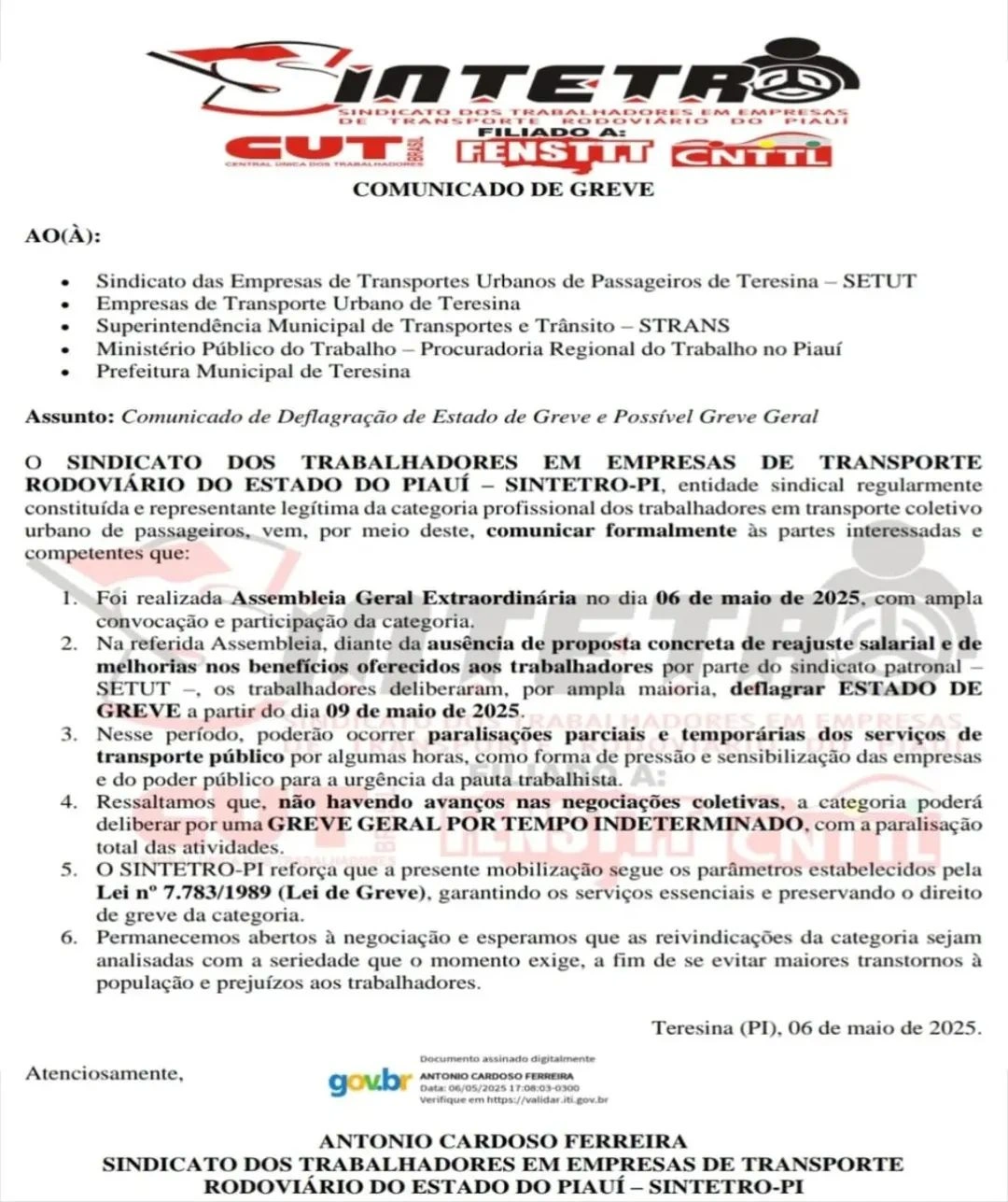 Comunicado do SINTETRO-PI