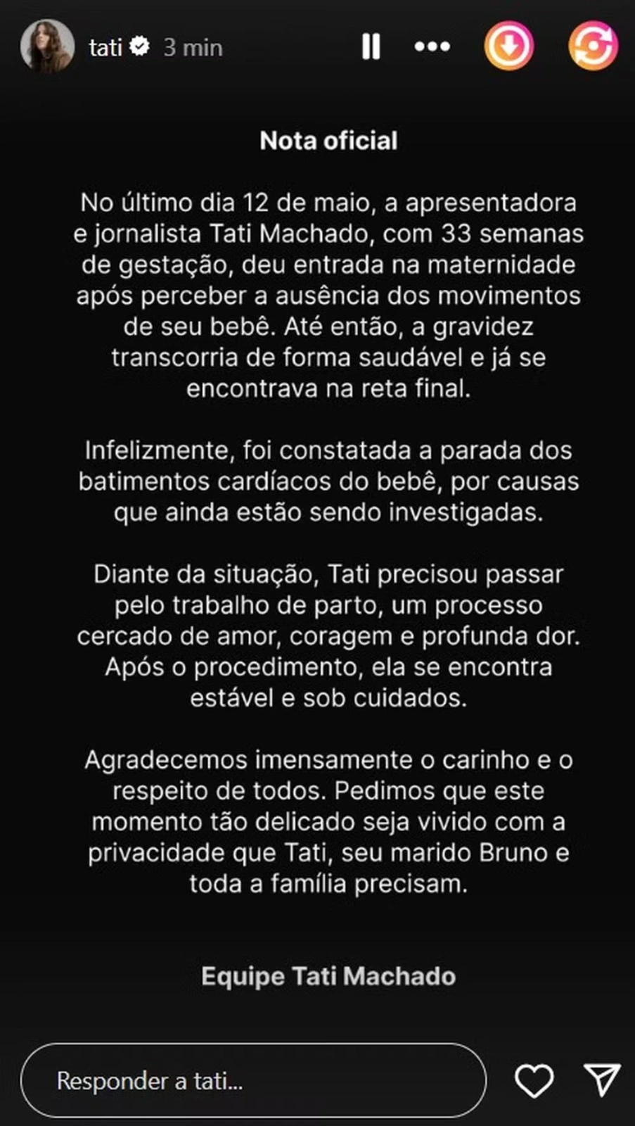 Comunicado sobre Tati Machado