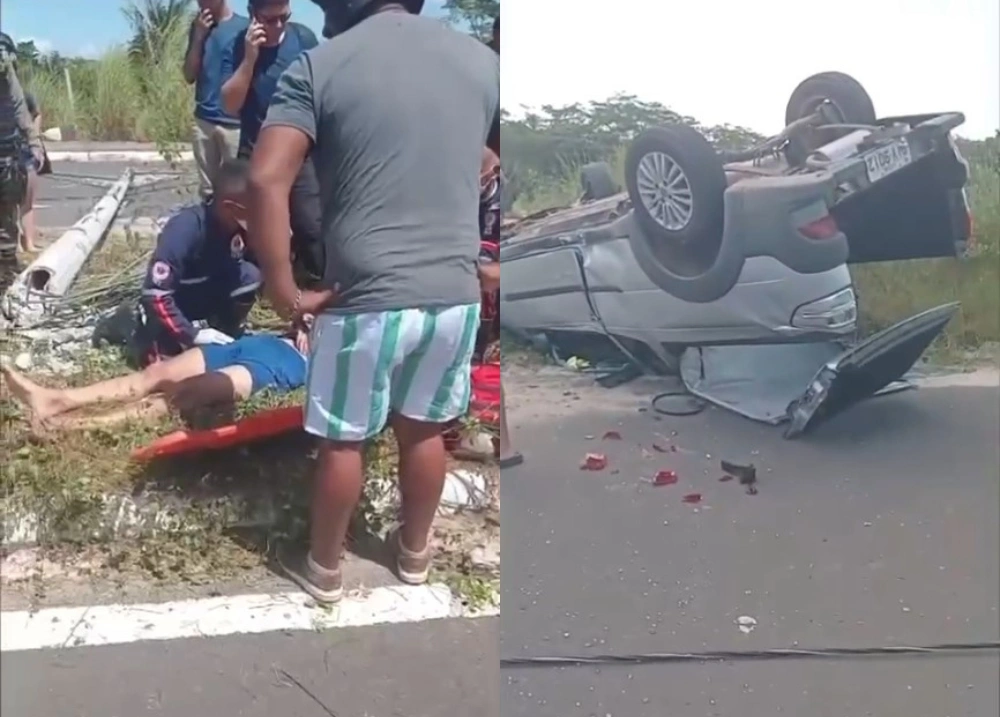 Motorista capota carro ao bater em poste e deixa feridos nas proximidades da UFPI
