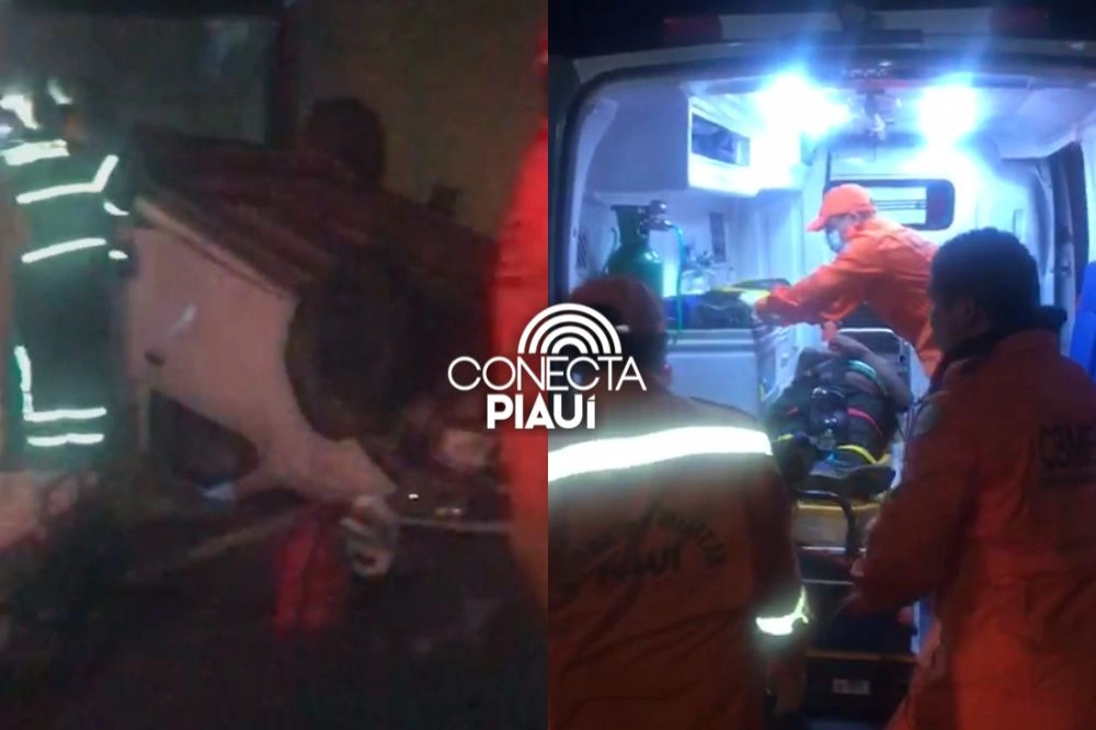 Motorista de aplicativo capota após colidir com carro estacionado em Teresina